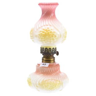 Miniature Kerosene Lamp, Chrysanthemum Pattern: Miniature Kerosene Lamp, 9" Chrysanthemum Pattern, Pink, Yellow and White, Small Nick on Top Rim of Shade