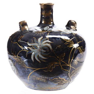 Art Pottery Vase, Signed "E. Galle", Floral & Dragonfly: Art Pottery Vase Signed "E. Galle" 5.5" X 5" Dark Blue and Mottled Gold Background with Enamel Floral and Dragonfly Decor, Excellent Quality