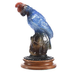 Figural Parrot Lamp Shade, Tiffin Glass: Figural Tiffin Glass Parrot Lamp Shade, 12" Mounted on Electrified Wooden Base, 14" Overall Height