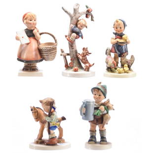 (5) Hummel Figurines: (5) Hummel Figurines; (1) 6" Meditation, Mark #2; (1) 6.75" Culprits, Tmk1; (1) 5.5" for Father, Tmk4; (1) 4.5" Prayer Before Battle, Tmk4; (1) 5.5" Feeding Time, Tmk4