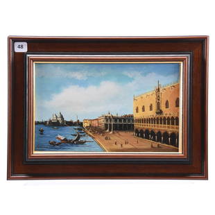 Painting on Metal, Signed Verdini, Venetian Scene: Framed Italian Painting on Metal, 6.25" X 10" Classic Venetian Scene, Artist Signed "Verdini" Mounted in 10" X 14" Modern Wooden Frame