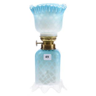Miniature Lamp, Mother of Pearl, Blue Satin: Blue Satin Mother of Pearl Miniature Lamp Diamond Quilted, Square with Ruffled Top, Frosted Petal Feet