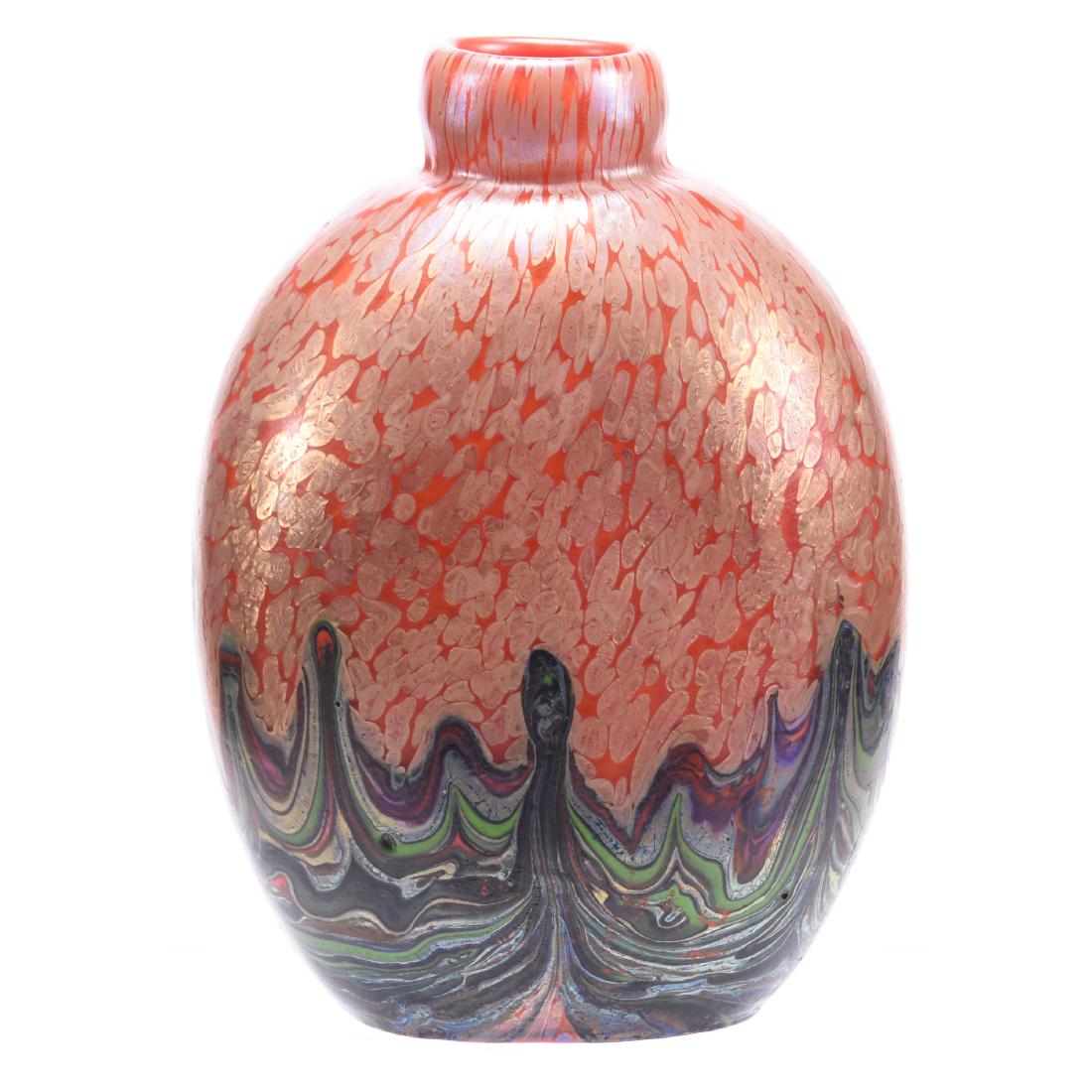 Vase, Loetz Style, Iridescent: Loetz Style Art Glass Iridescent Vase, 10.25" Flask Form, Bright Orange, Red Background with Small Oil Spot Highlights, Lower Section with Dark Streaked Splashes, Nearly Identical Vase Featured in Chr