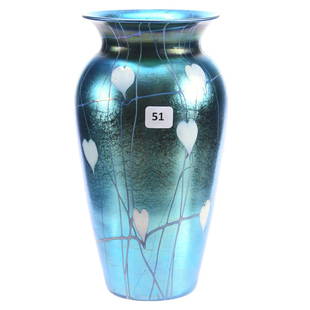Vase, Unmarked Durand, Iridescent: Unmarked Durand Art Glass Vase Blue Iridescent Body with White Heart & Vine Decor, Nice Color, 9 3/8" tall, UPDATED with Measurement Information on 8-20-19