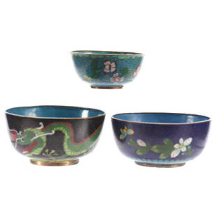 (3) Cloisonne Bowls: (3) Cloisonne Bowls; (1) 2.25" X 4.5" Black with Green Dragon Decor; (1) 2" X 4.5" Blue with Floral Decor; (1) 1.5" X 3.5" Teal with Floral Decor