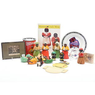 Assorted Black Memorabilia Items: 20 Assorted Vintage Black Memorabilia Items Includes: 8" Coon, Chicken Inn Plate from 1933, 4" Clear Ash Tray for Coon, Chicken Inn, New Orleans Souvenir Cotton Bail, 4 Hard Plastic Mammy & Luzianne