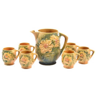Seven Piece Lemonade Set, Roseville Art Pottery, Peony: Seven Piece Roseville Art Pottery Lemonade Set Peony Pattern #1326, 7 1/2" Water Pitcher with (6) Matching #2, 3 1/2" Mugs, Yellow & Green Tones
