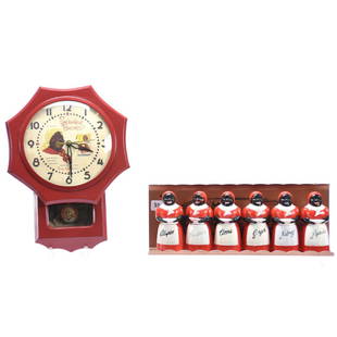 Condiment Set & Clock, Black Memorabilia: Black Memorabilia Condiment Set & Clock; (1) Six Hard Plastic Mammy Spice Bottles on Original Aluminum Hanging Rack with Riverboat Scenic Decor; (1) 10.5" Clock Advertising "Buckwheat Pancakes"