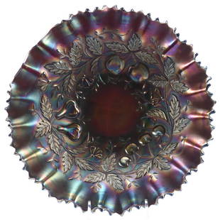 Bowl, Northwood, Carnival Glass, Fruits & Flowers: Carnival Glass Bowl by Northwood, 9.75" Fruits and Flowers Pattern, Amethyst, Pie Crust Edge, Basketweave Exterior