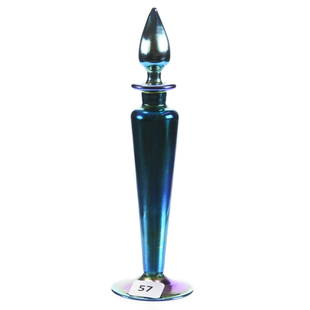 Perfume Bottle, Signed Steuben, Blue Aurene: Signed Steuben Blue Aurene Perfume Bottle, 7.75" Dark Blue and Mottled Gold Background with Enamel Floral and Dragonfly Decor, Excellent Quality