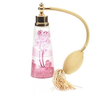 Perfume Atomizer, Czechoslovakia, Scenic Decor: Czechoslovakia Art Glass Perfume Atomizer, 5.5" Frosted with Pink and Mauve Scenic Decor, Marked Czechoslovakia