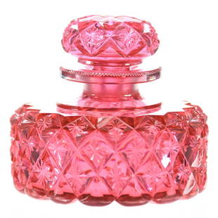Perfume, Cut Glass, Star Diamond Motif, Cranberry: Solid Cased Cranberry Cut Glass Perfume, 2.75" X 3" Star Diamond Motif, Pattern Cut Stopper, Some Roughness on Bottom Edge of Stopper