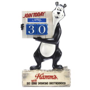 Advertising Bank & Calendar, Hamm's Beer: Novelty Hamm's Beer Advertising Bank & Calendar 15.75" X 9" Hard Plastic Full Figure Hamm's Bear Standing on Log Holding Calendar, Made by Display Corporation Milwaukee Wisconsin, Two Months Missing