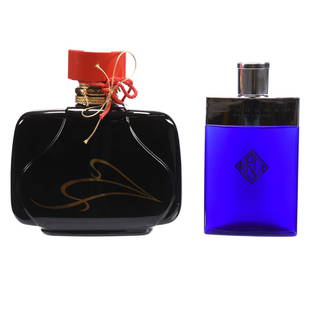 (2) Perfume Bottles, Countertop Advertising Display: (2) Countertop Advertising Display Perfume Bottles; (1) 11.75" Maxim's De Paris, Ebony Bottle with Red Stopper; (1) 11" X 6" Monogrammed by Ralph Lauren, Cobalt Blue Bottle with Silver