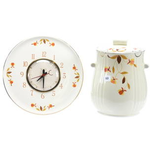 (2) Items, Hall's Jewel Tea: (2) Hall's Jewel Tea Items; (1) 9" Cookie Jar with Tootsie Roll Handles; (1) 9.5" Diameter Electric Wall Clock, Good Working Condition