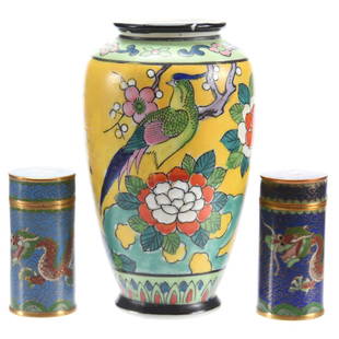 (3) Items, Oriental: (3) Oriental Items; (1) 5" Vase, Marked Made in Japan, Porcelain, Yellow with Bird and Blossom Decor, Hard to See Rim Hairline; (2) 2.5" Round Covered Cloisonne Jars, Both with Dragon Decor
