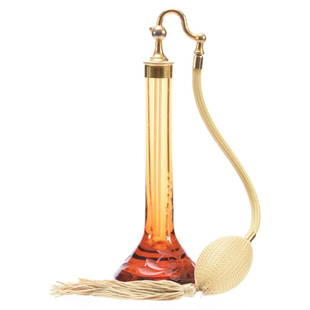Perfume Atomizer, Signed DeVilbiss, Solid Amber: Art Glass Perfume Atomizer Signed DeVilbiss, 7.5" Solid Amber Glass with Engraved Floral Motif