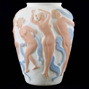 Vase, Consolidated, Phoenix Glass, Dancing Nymphs: Consolidated/Phoenix Glass Vase, 11.75" Pan with Dancing Nymphs, White with Pink Flesh Tones and Blue-Ribbon Highlights