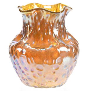 Vase, Unmarked Loetz, Diaspora Pattern: Unmarked Loetz Art Glass Vase, 4.25" Gold Iridescence, Diaspora Pattern, Candia Coloring, Circa 1902
