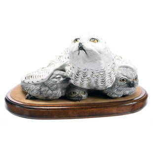 Snowy Owl Figural Group, Royal Doulton, HN#2670: Magnificent Royal Doulton Snowy Owl Figural Group 7.5" X 17" Limited Edition #16 of 150, HN#2670, Set on Original Wooden and Felt Base Platform