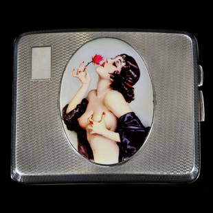 Cigarette Case, James Walker London, Solid Silver: Solid Silver Cigarette Case, James Walker London Hallmarks Indicate Birmingham England, 1941, Hand-Painted Medallion Portrait of Exotic Nude