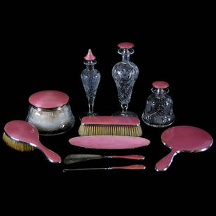 (10) Piece Vanity Set, Guilloche, Enamel & Sterling: (10) Piece Guilloche Enamel & Sterling Vanity Set Matching Set Has Elaborate Pink Guilloche Enamel on Each Piece Including (1) 9" Pedestal Perfume; (1) 8.5" Pedestal Perfume; (1) 4.75" Cologne