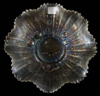 Bowl, Northwood, Carnival Glass, Three Fruits Pattern: Carnival Glass Bowl by Northwood, 8.75" Three Fruits Pattern, White, Stippled, Ribbed Exterior