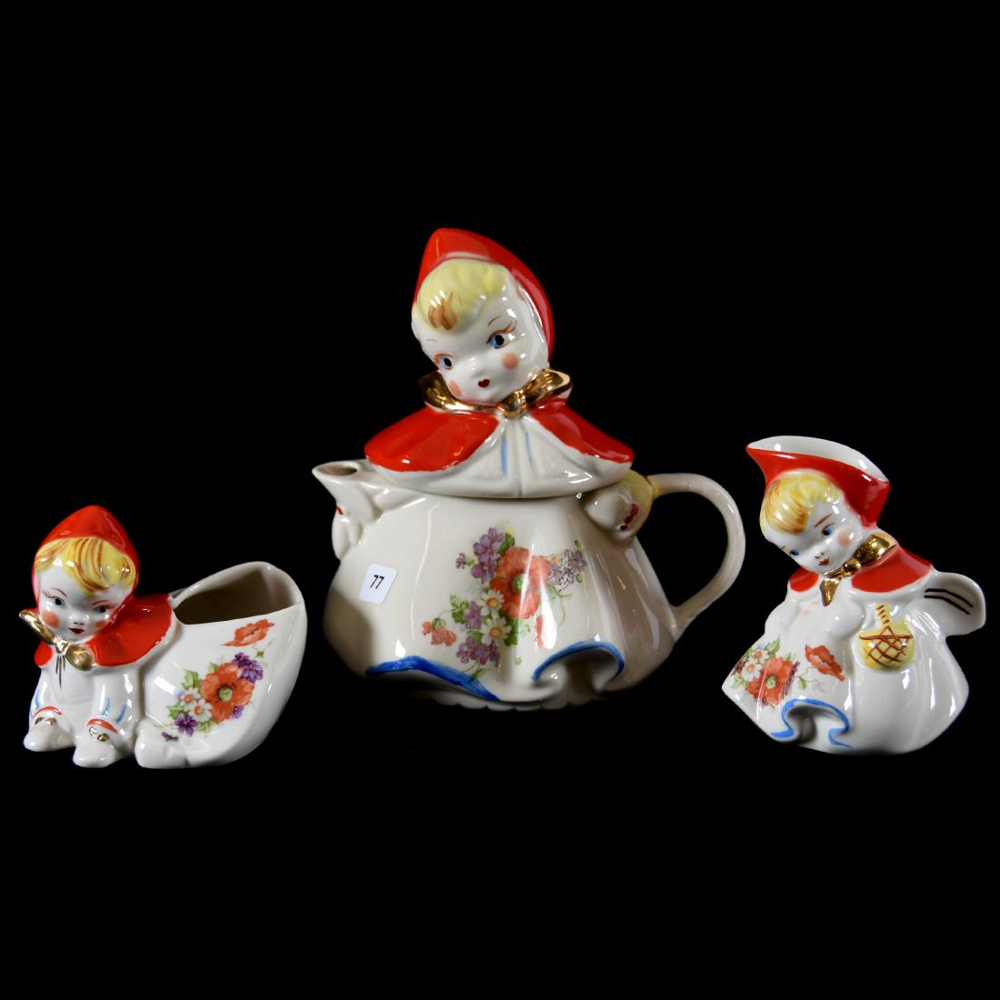 Three Piece Tea Set, Hull Pottery, Red Riding Hood: Hull Pottery Red Riding Hood Three Piece Tea Set; (1) 8.5" Tea Pot; (1) 4.75" Creamer; (1) 4" Open Sugar