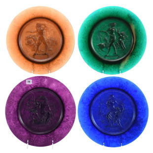 (4) Plates, Signed Daum, Four Seasons: (4) Signed Daum Four Seasons French Art Glass Plates 10.5" Pate De Verre Technique, Each Plate Different Color, Cobalt Blue, Amber, Amethyst and Emerald, Limited Edition, Each Plate Marked 265/2000;