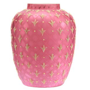 Vase, Mother of Pearl, Pink Satin Diamond Quilted: Pink Satin Diamond Quilted Mother of Pearl Vase, 5.5" Yellow Coralene Overlay with Fleur De Lys Design; (6) Some of Fleur De Lys Coralene Worn Away