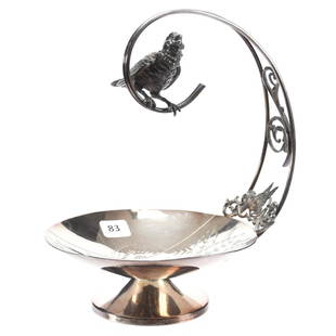 Calling Card Tray, Webster #24 Silverplate: Victorian Silverplate Calling Card Tray, 8.5" X 6" Webster #24 Design with Figural Bird on Handle