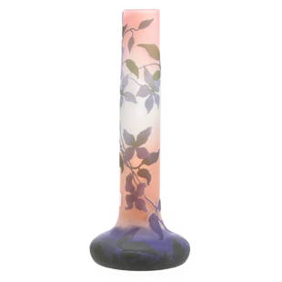 French Cameo Vase, Signed Galle: Signed Galle French Cameo Art Glass Vase, 12.75" White, Peach and Lavender Background with Green Cameo Carved Overlay, Nice Quality