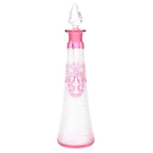 French Perfume, Unmarked, Cranberry to Clear: Cranberry Cut to Clear French Perfume, 8.25" Unmarked Baccarat or Val St. Lambert, Acid Cut Garland Motif, Long Dauber