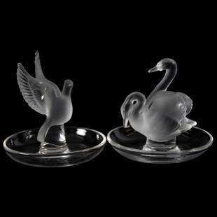 (2) Figural Ashtrays, Signed Lalique: (2) Signed Lalique France Figural Ashtrays; (1) 3.75" Dove; (1) 3.75" Swans