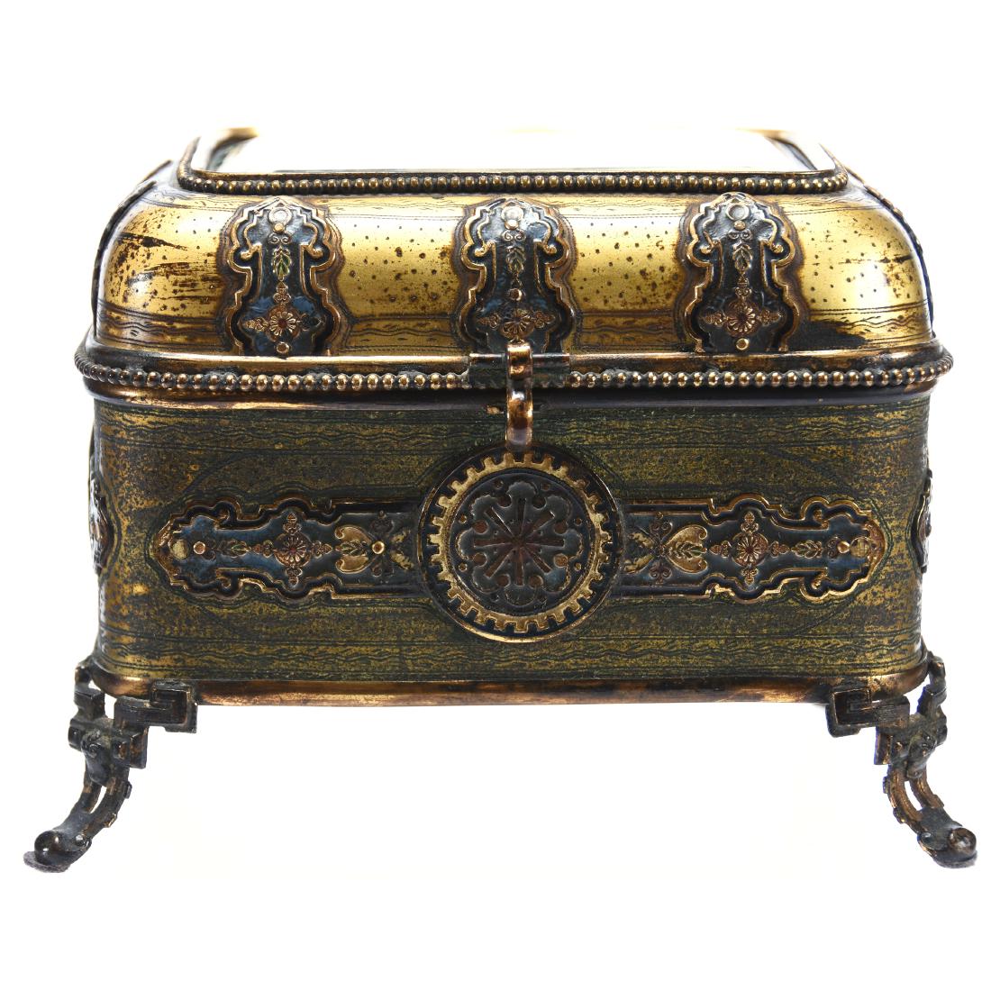 Vanity Box Set, (4) Glass Perfumes: Vanity Box Set, 5" X 6" Gilt Metal Hinged Box with Beveled Glass Lid; (4) Original Glass Perfumes and Base; (No Lid) to Matching Powder Jar, Original Lining