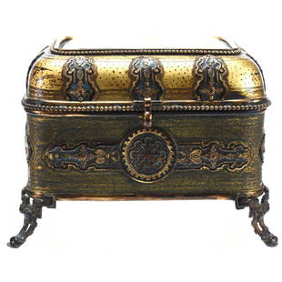 Vanity Box Set, (4) Glass Perfumes: Vanity Box Set, 5" X 6" Gilt Metal Hinged Box with Beveled Glass Lid; (4) Original Glass Perfumes and Base; (No Lid) to Matching Powder Jar, Original Lining