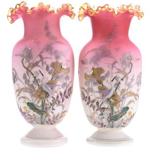 Pair Vases, Webb, Pink Satin Enamel: Pair Pink Satin Enamel Vases by Webb, 12" Heavy Enamel Floral, Stork and Beetle Decor, Nice Quality, Applied Amber Glass Ruffled Rim, Mirror Image Vases