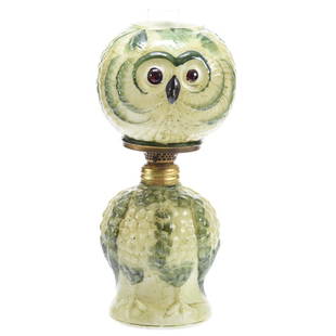 Figural Miniature Owl Kerosene Lamp: Figural Miniature Owl Kerosene Lamp, 7.75" Embossed Owl with Green Tones