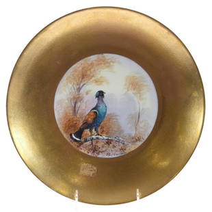 Hand-Painted Charger, Marked Pickard, Pheasant Scene: Marked Pickard Hand-Painted Charger, 12" Gold Brocade Border with Scenic Decor of Pheasant on Branch, Artist Signed "Challinor"