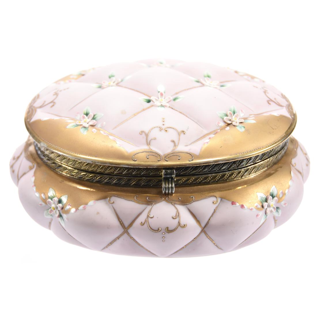 Dresser Box, Contemporary, Floral Decor: Contemporary Hinged Porcelain Dresser Box 3.5" X 7" Quilted Mold with Applied Floral Decor and Gold Trim Highlights