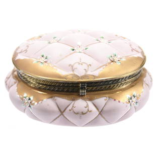 Dresser Box, Contemporary, Floral Decor: Contemporary Hinged Porcelain Dresser Box 3.5" X 7" Quilted Mold with Applied Floral Decor and Gold Trim Highlights