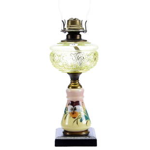 Kerosene Lamp, Pansy Decor: Kerosene Lamp with Vaseline Glass Font, 14" Black Iron Base, Pink and Yellow Opaque Stem with Pansy Decor, Top of Chimney Has Small Nick on Rim