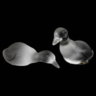 Pair Duck Figurines, Signed Baccarat: Pair Signed Baccarat Duck Figurines; (1) 3" X 5"; (1) 1.5" X 5"