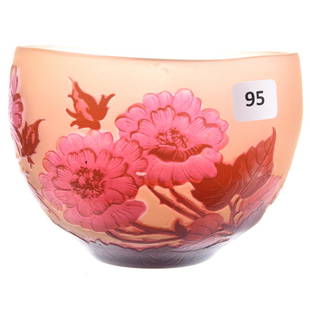 French Cameo Bowl, Signed Galle Poppy Motif: Signed Galle French Cameo Art Glass Bowl, 4" X 5.5" Peach Tones with Pink Cameo Carved Overlay with Poppy Motif