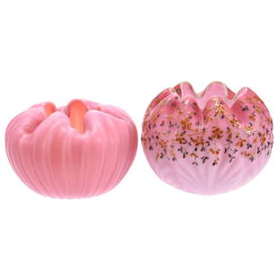 (2) Rose Bowls, Pink Satin Glass: (2) Pink Satin Art Glass Rose Bowls; (1) 3.5" Enamel Floral Highlights, Shell Mold; (1) 3" Ribbed Mold