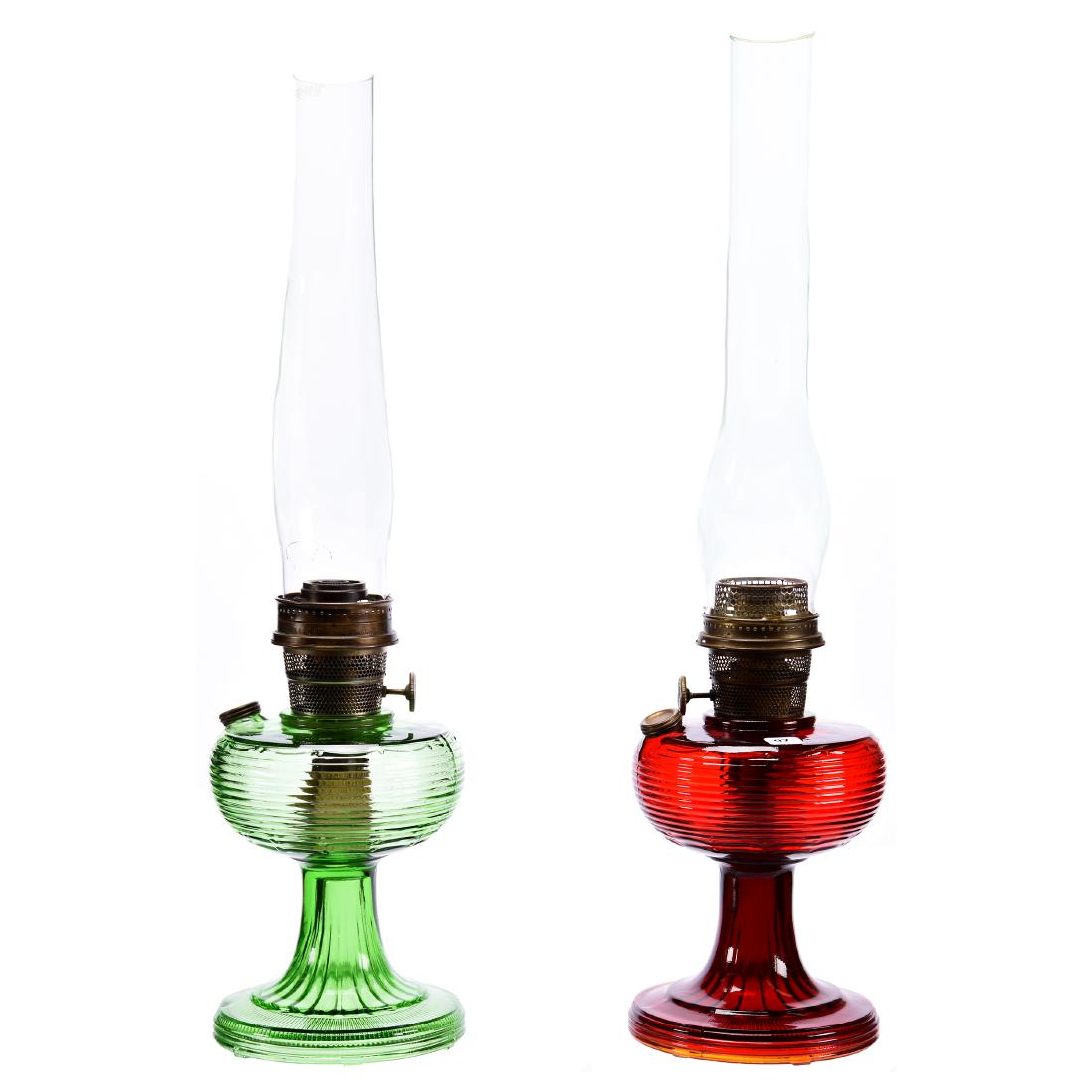 (2) Kerosene Lamps, Aladdin Beehive / Wedding Band: (2) Aladdin Beehive/Wedding Band Model Kerosene Lamps; (1) Green Beta Crystal, Model #B81; (1) Ruby Beta Crystal, Model B,83, Both Are 8.5" to Top of Glass