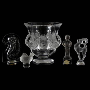 (5) Items, Lalique: (5) Lalique and Lalique Type Items; (1) 4.75" Pedestal Vase Signed Lalique; (1) 3.75" Mermaid Paperweight Signed Lalique; (1) 3.25" Ibex Signed Lalique; (1) 3.5" Cherub with Val St. Lambert Label;