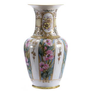 Large Vase, Marked Nippon: Large Vase Marked Nippon, 15.5" White and Yellow Tones with Pink and Yellow Floral Decor, Green Enamel and Gold Trim Highlights