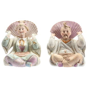 Pair Figural Nodders, German Bisque: Pair German Bisque Figural Nodders, 6.5" Seated Emperor and Empress
