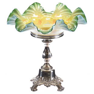 Brides Basket, Marked Pairpoint #1753: Art Glass Brides Basket, 10" X 10" Green and Yellow Ruffled Cased Bowl with White Exterior, Enamel Floral Decor, Set on Marked Pairpoint #1753 Silverplate Stand